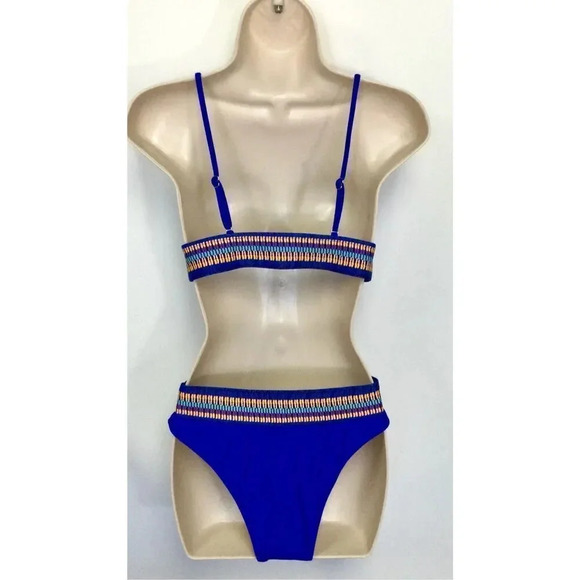 Womens Deep Blue High Waisted Striped Contrast Bikini Two-Piece Swimsuit Medium - Picture 4 of 12